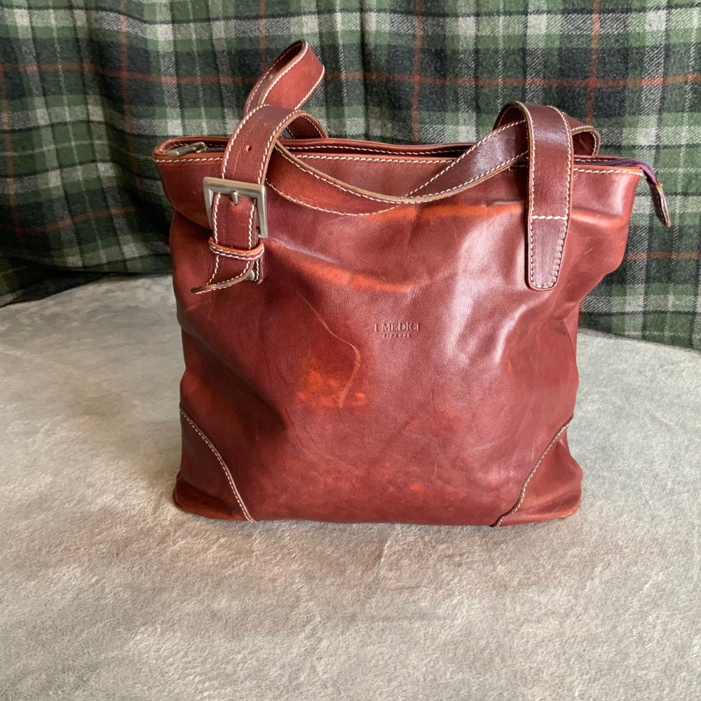 I Medici Firenze Vintage Brown Leather Shoulder Bag Made in Italy Buckle Strap